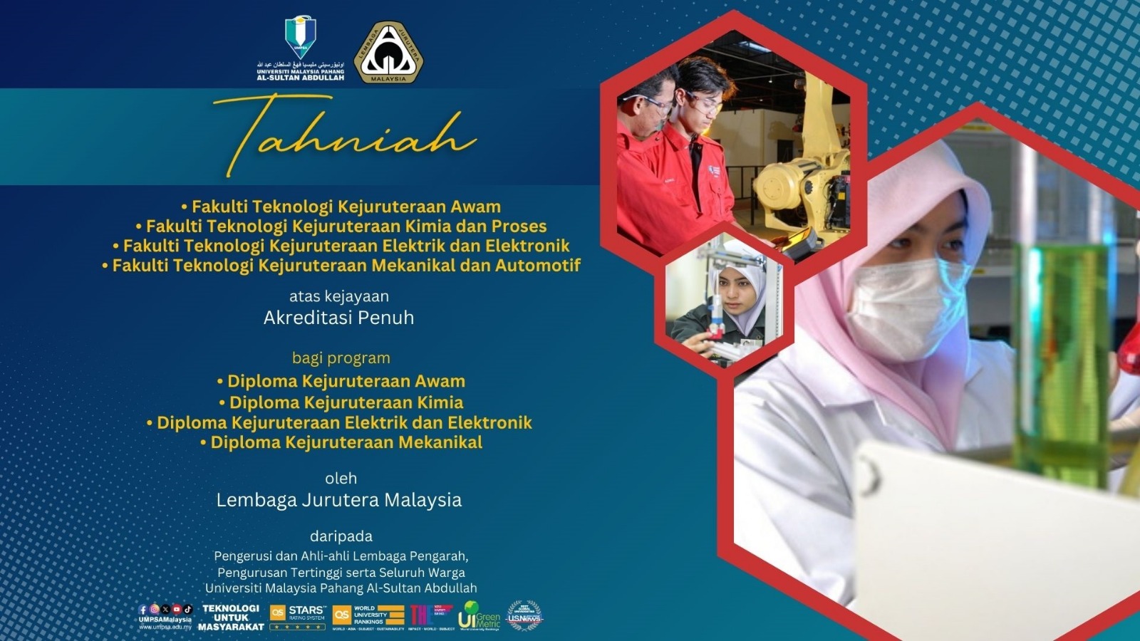 Setinggi-tinggi Tahniah diucapkan kepada Ketua Program Diploma Kejuruteraan Awam, Fakulti Teknologi Kejuruteraan Awam di atas kejayaan Akreditasi Penuh bagi Program Diploma Kejuruteraaan Awam oleh Lembaga Jurutera Malaysia 